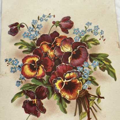 1950s - French Anniversary Postcard - Shimmering Pansy Bouquet - Forget-Me-Nots - Antique Floral Glitter Art - 'Heureux Anniversaire' Card