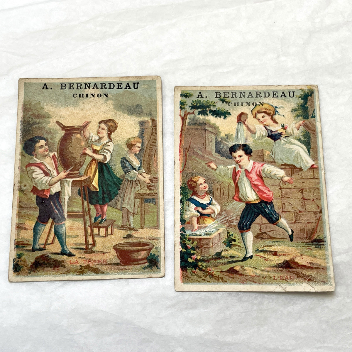 Late 19th - 2 Vintage Trade Cards - French Advertising Ephemera - Water & Earth Allegories - Antique French Collectible