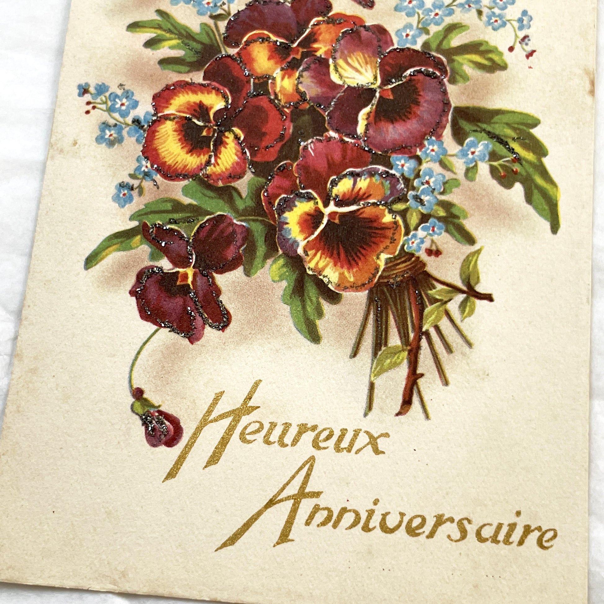 1950s - French Anniversary Postcard - Shimmering Pansy Bouquet - Forget-Me-Nots - Antique Floral Glitter Art - 'Heureux Anniversaire' Card