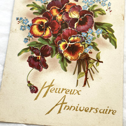 1950s - French Anniversary Postcard - Shimmering Pansy Bouquet - Forget-Me-Nots - Antique Floral Glitter Art - 'Heureux Anniversaire' Card