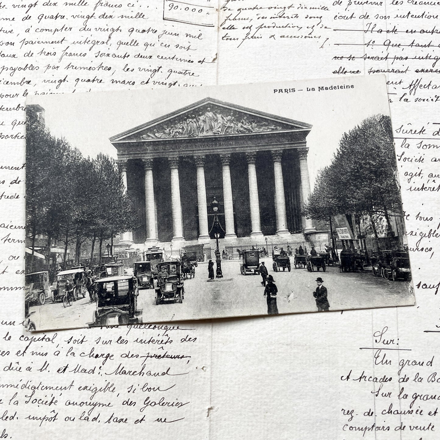 1910s - Paris La Madeleine Vintage Postcard - Busy Street Scene - Early Automobiles - French Architecture - Historic Landmark