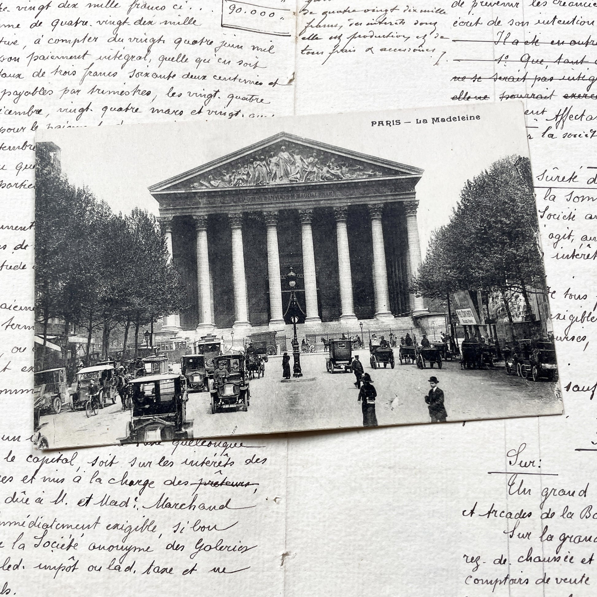 1910s - Paris La Madeleine Vintage Postcard - Busy Street Scene - Early Automobiles - French Architecture - Historic Landmark