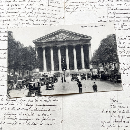 1910s - Paris La Madeleine Vintage Postcard - Busy Street Scene - Early Automobiles - French Architecture - Historic Landmark