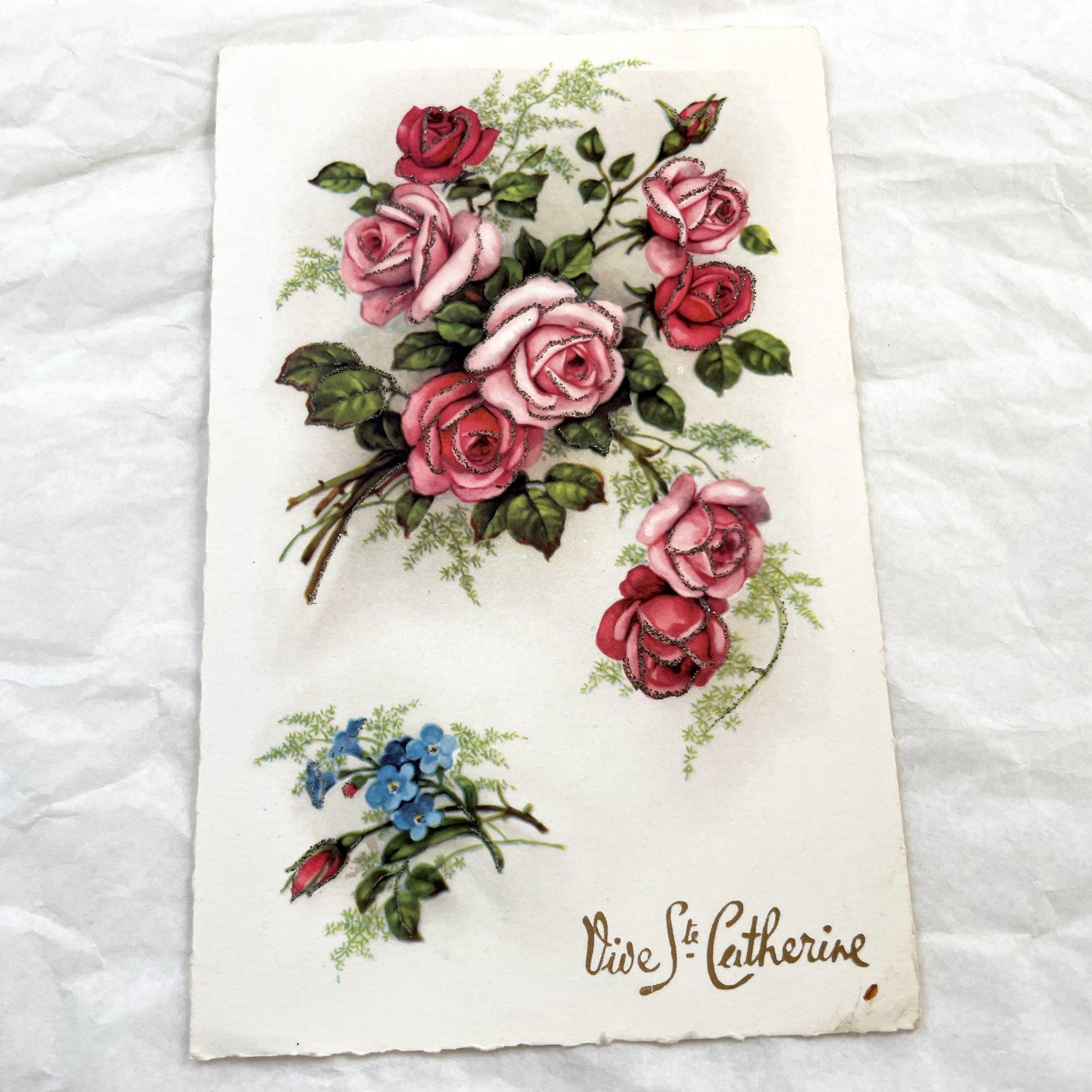 1950s - Vintage French Glitter Sainte Catherine Greeting Card - Pink Red Roses - Blue Forget-Me-Nots - Antique Ephemera Collectible