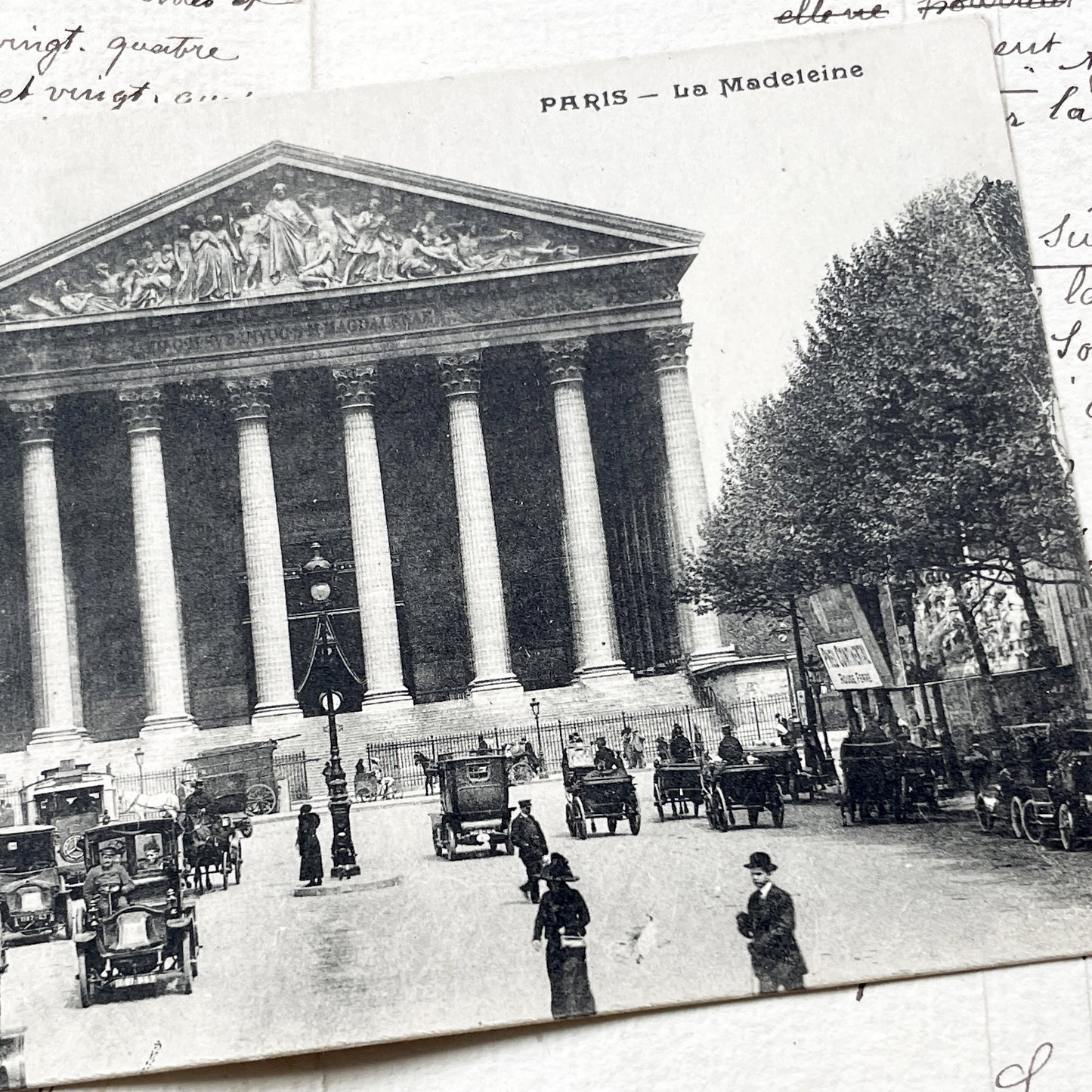 1910s - Paris La Madeleine Vintage Postcard - Busy Street Scene - Early Automobiles - French Architecture - Historic Landmark
