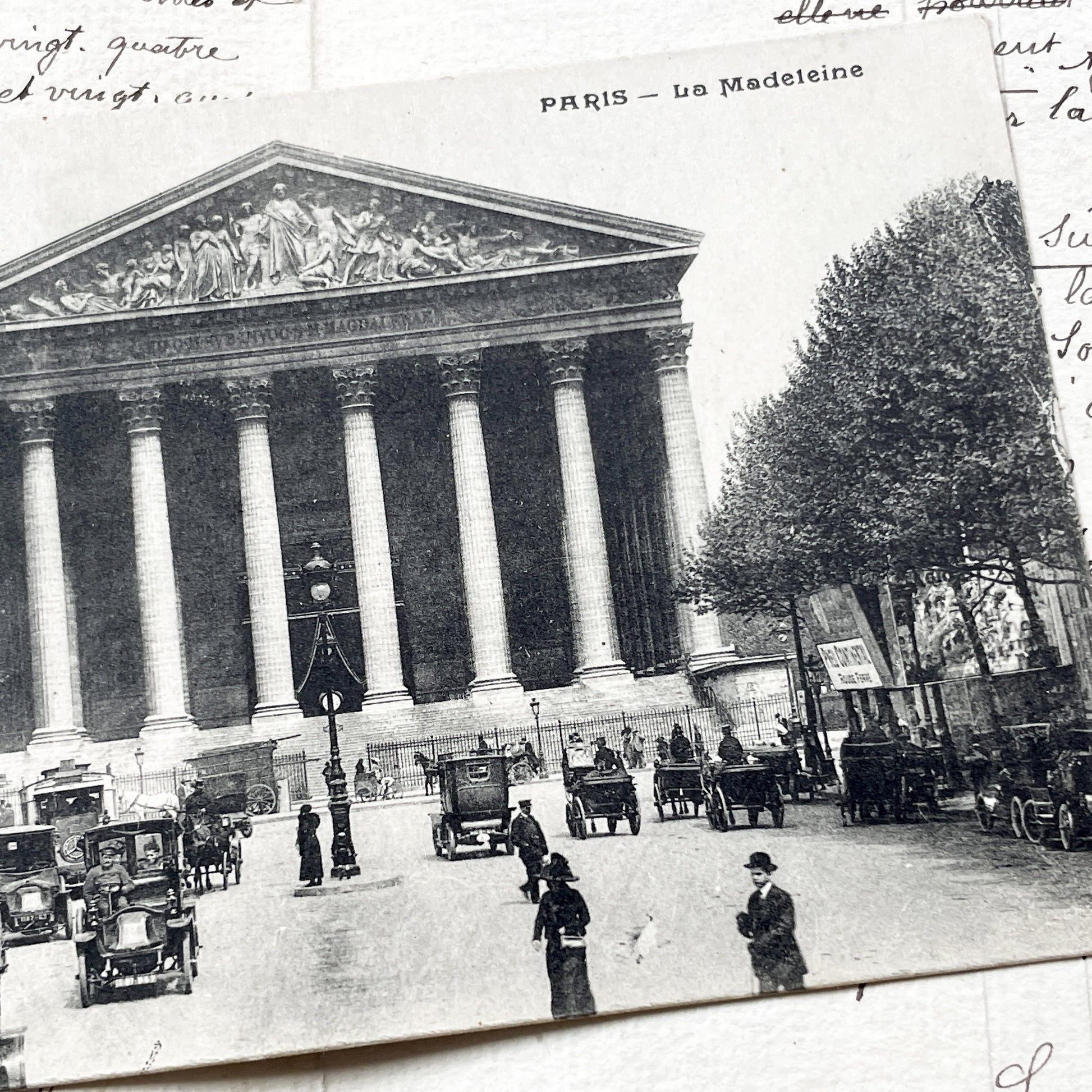 1910s - Paris La Madeleine Vintage Postcard - Busy Street Scene - Early Automobiles - French Architecture - Historic Landmark