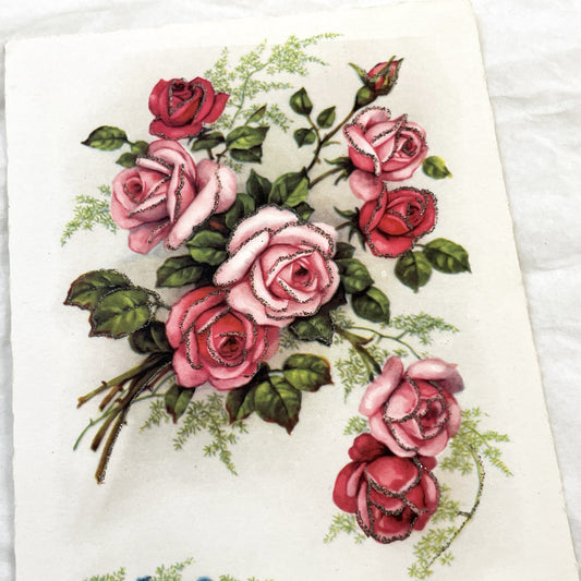 1950s - Vintage French Glitter Sainte Catherine Greeting Card - Pink Red Roses - Blue Forget-Me-Nots - Antique Ephemera Collectible