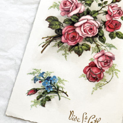 1950s - Vintage French Glitter Sainte Catherine Greeting Card - Pink Red Roses - Blue Forget-Me-Nots - Antique Ephemera Collectible