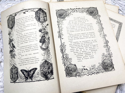 1880s – Set of 16 engraved sheets with ornate borders and French text - Antique illustrated book pages