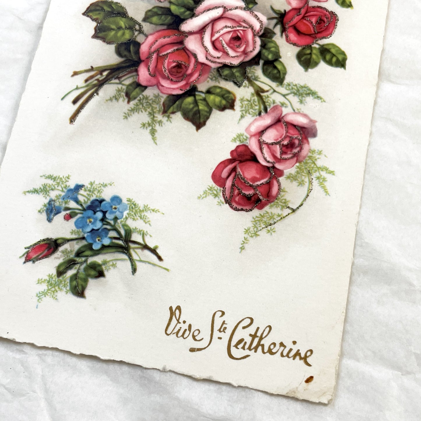 1950s - Vintage French Glitter Sainte Catherine Greeting Card - Pink Red Roses - Blue Forget-Me-Nots - Antique Ephemera Collectible