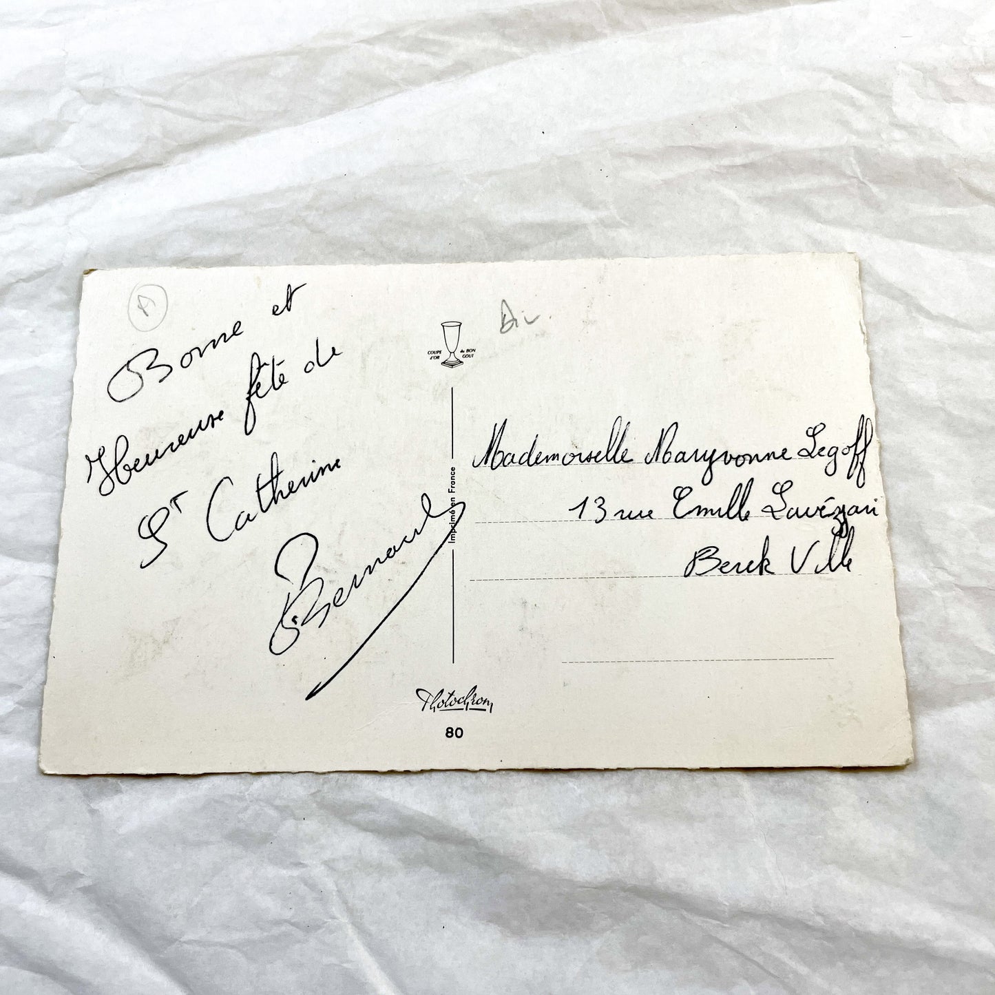 1950s - Vintage French Glitter Sainte Catherine Greeting Card - Pink Red Roses - Blue Forget-Me-Nots - Antique Ephemera Collectible