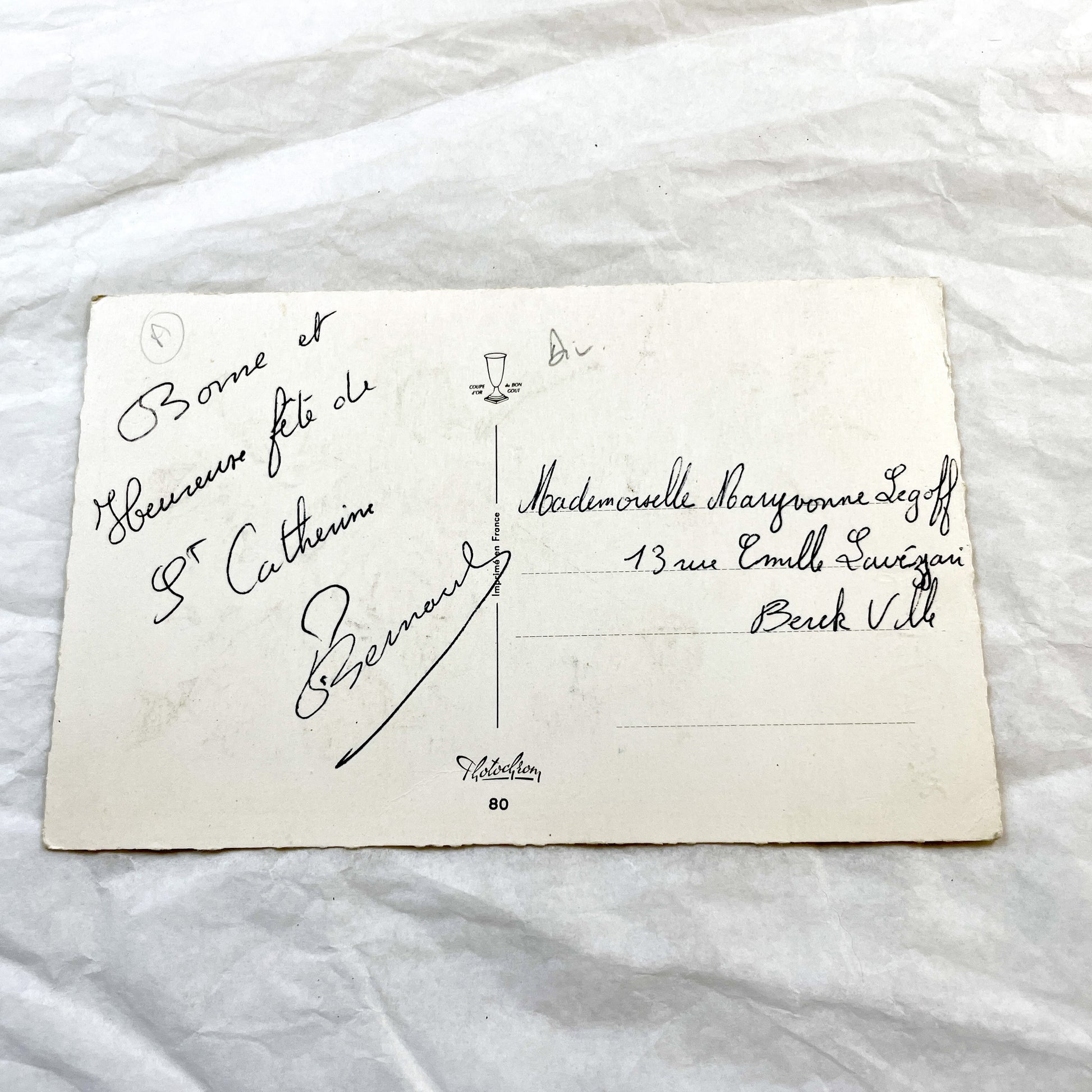 1950s - Vintage French Glitter Sainte Catherine Greeting Card - Pink Red Roses - Blue Forget-Me-Nots - Antique Ephemera Collectible