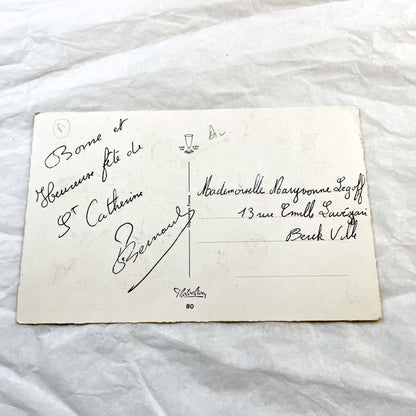 1950s - Vintage French Glitter Sainte Catherine Greeting Card - Pink Red Roses - Blue Forget-Me-Nots - Antique Ephemera Collectible