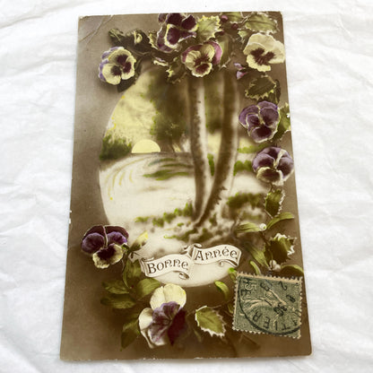 1910s - French Belle Epoque New Year Postcard - Embossed Pansies - Vibrant Floral Art Deco Design - Vintage Collectible Greeting Card