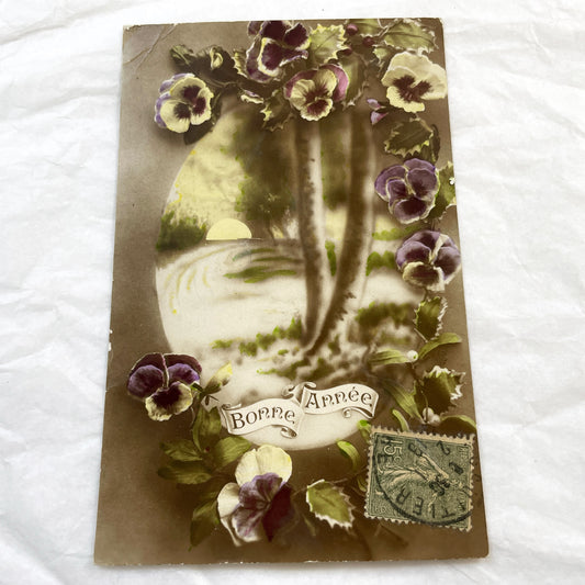 1910s - French Belle Epoque New Year Postcard - Embossed Pansies - Vibrant Floral Art Deco Design - Vintage Collectible Greeting Card