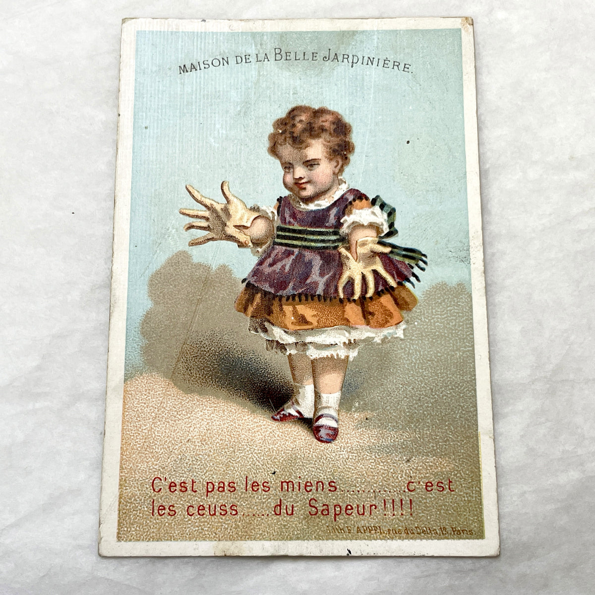 Late 19th - French Advertising Chromo Card - Humorous Child with Giant Hands - Vintage Parisian Department Store - Collectible