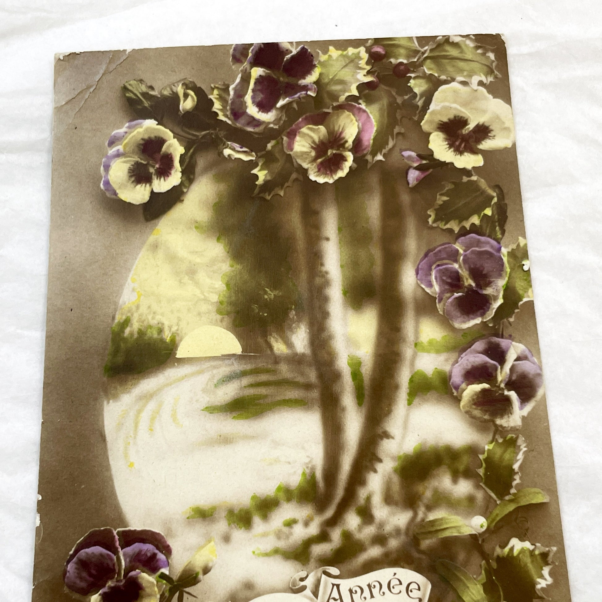 1910s - French Belle Epoque New Year Postcard - Embossed Pansies - Vibrant Floral Art Deco Design - Vintage Collectible Greeting Card