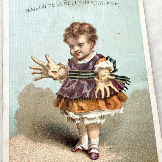 Late 19th - French Advertising Chromo Card - Humorous Child with Giant Hands - Vintage Parisian Department Store - Collectible