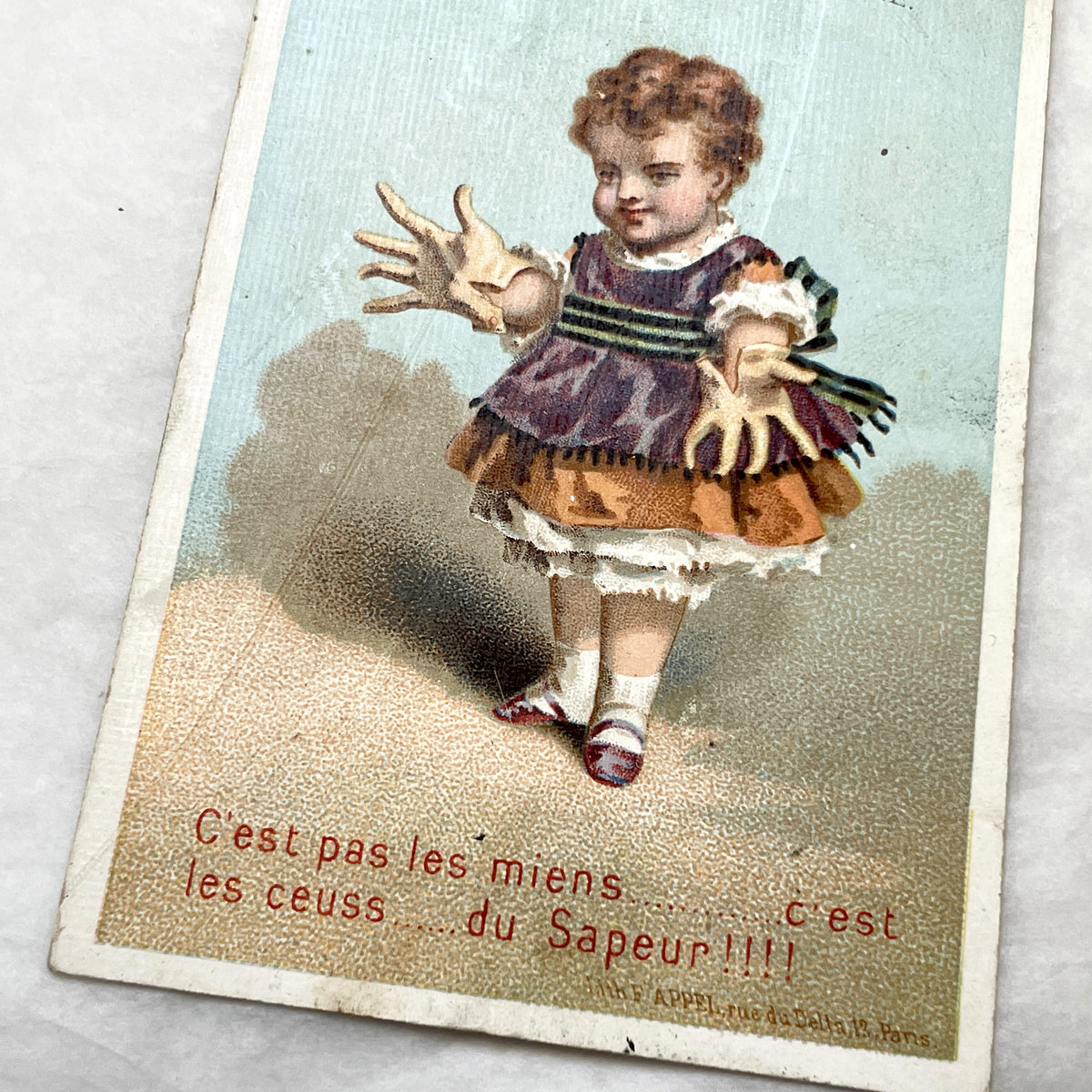 Late 19th - French Advertising Chromo Card - Humorous Child with Giant Hands - Vintage Parisian Department Store - Collectible