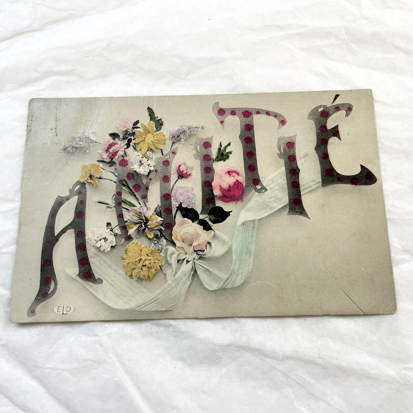 1910s - Antique French Postcard Amitié - Floral Friendship Greeting Card - Vintage Polka Dot Lettering Art Nouveau Ephemera