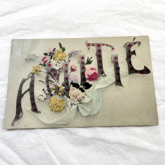 1910s - Antique French Postcard Amitié - Floral Friendship Greeting Card - Vintage Polka Dot Lettering Art Nouveau Ephemera