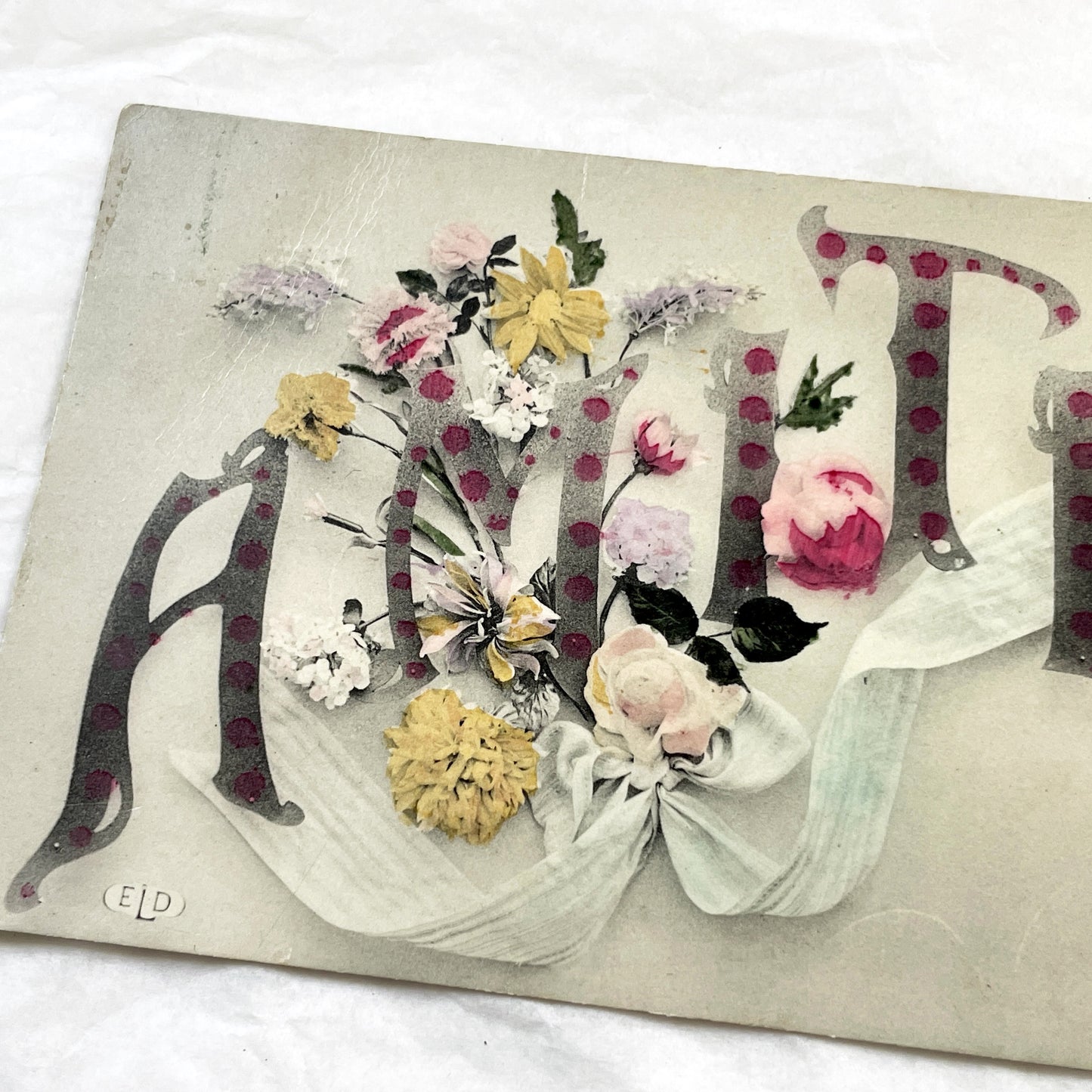 1910s - Antique French Postcard Amitié - Floral Friendship Greeting Card - Vintage Polka Dot Lettering Art Nouveau Ephemera