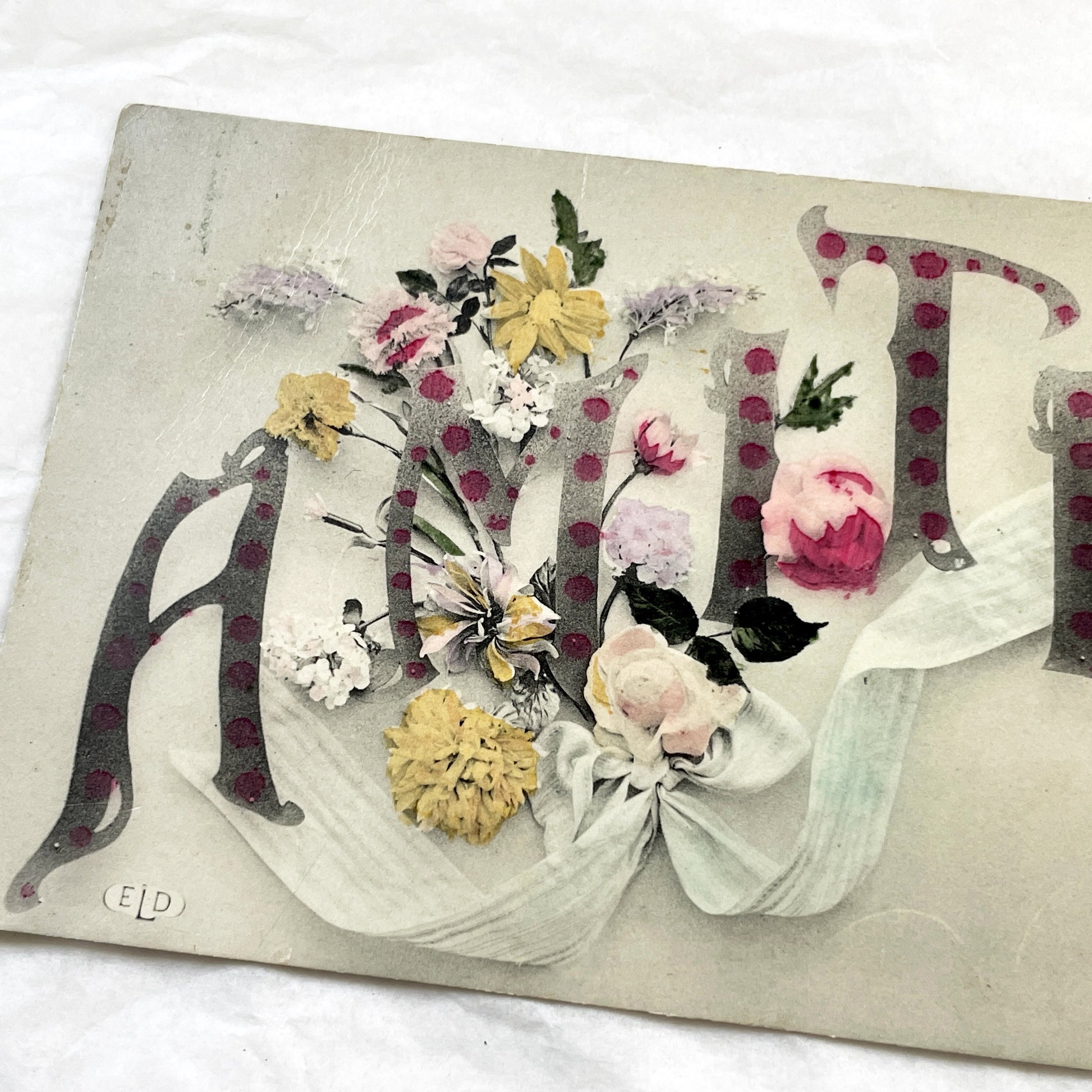1910s - Antique French Postcard Amitié - Floral Friendship Greeting Card - Vintage Polka Dot Lettering Art Nouveau Ephemera
