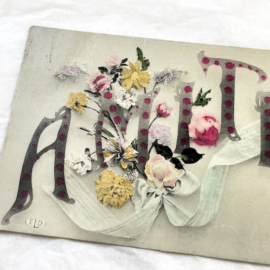 1910s - Antique French Postcard Amitié - Floral Friendship Greeting Card - Vintage Polka Dot Lettering Art Nouveau Ephemera