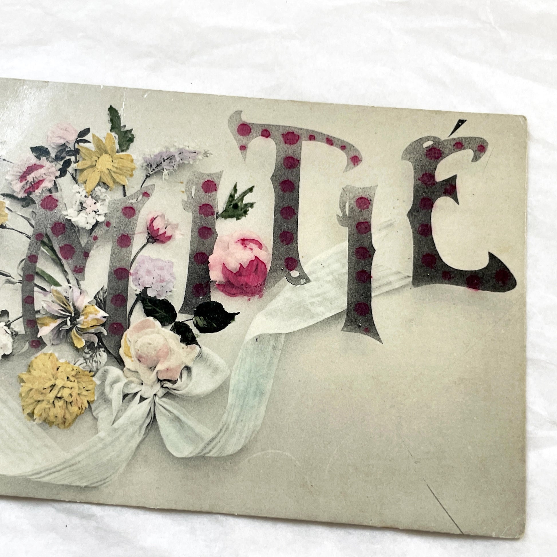 1910s - Antique French Postcard Amitié - Floral Friendship Greeting Card - Vintage Polka Dot Lettering Art Nouveau Ephemera
