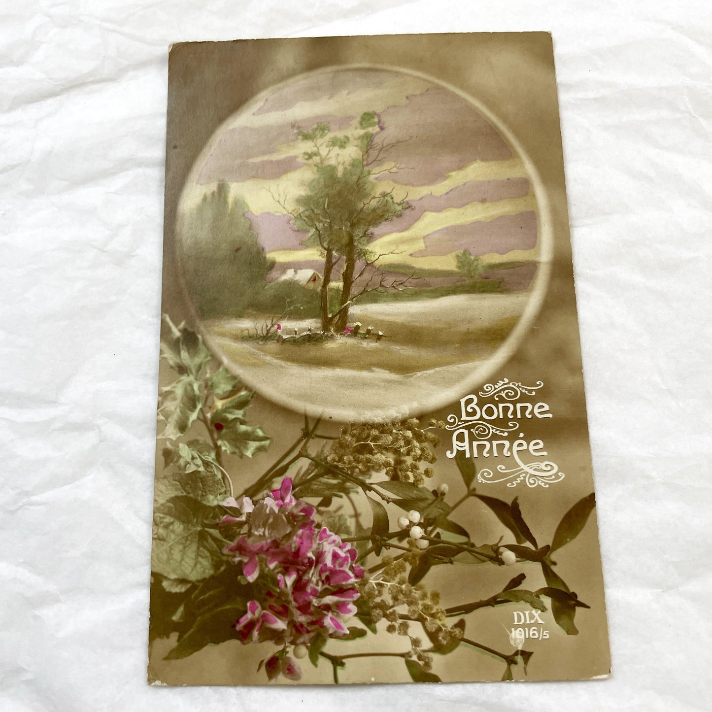 1910s - French New Year Postcard - Vintage Bonne Année Greeting Card - Winter Landscape - Floral Design - Antique Ephemera - Collectible