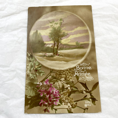 1910s - French New Year Postcard - Vintage Bonne Année Greeting Card - Winter Landscape - Floral Design - Antique Ephemera - Collectible