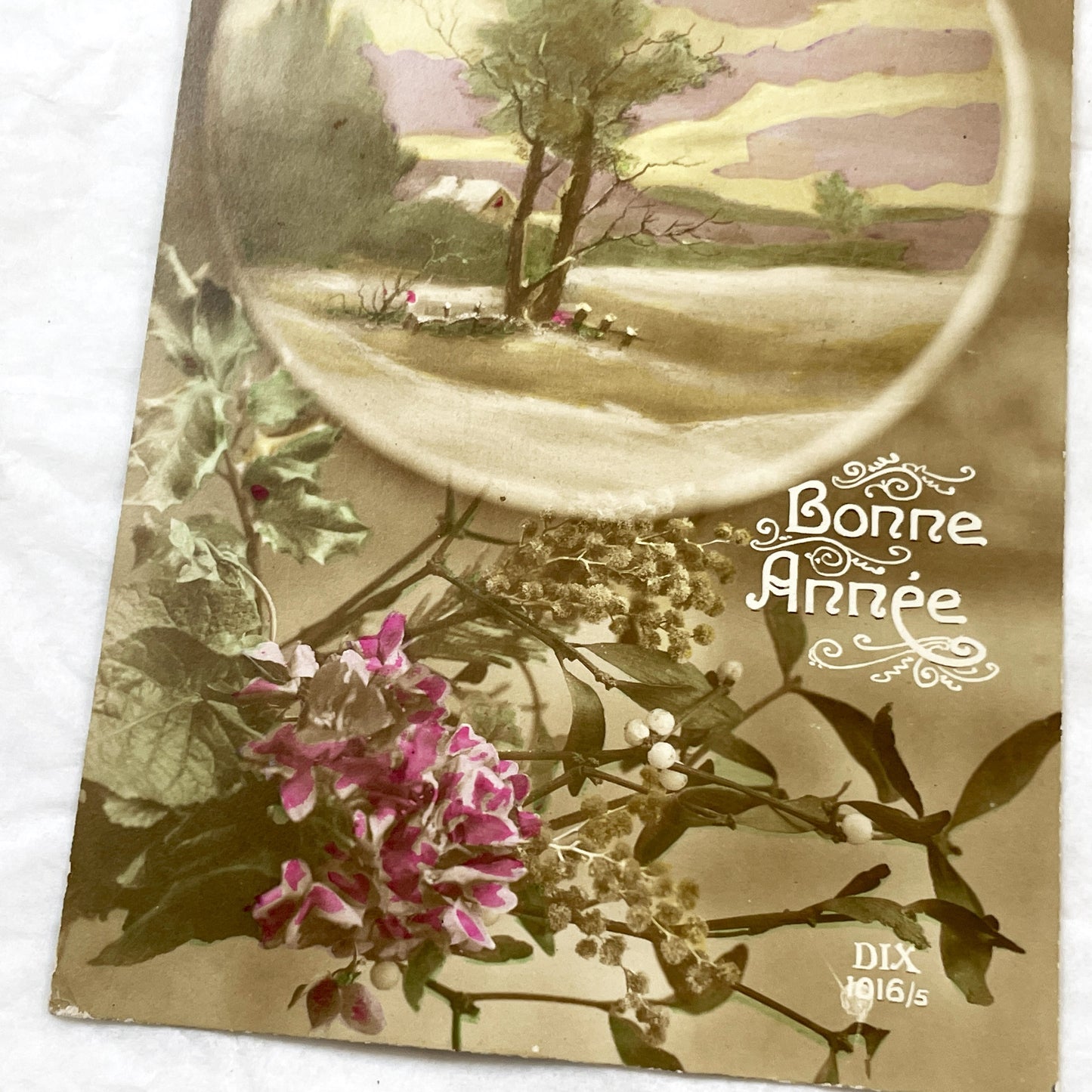 1910s - French New Year Postcard - Vintage Bonne Année Greeting Card - Winter Landscape - Floral Design - Antique Ephemera - Collectible