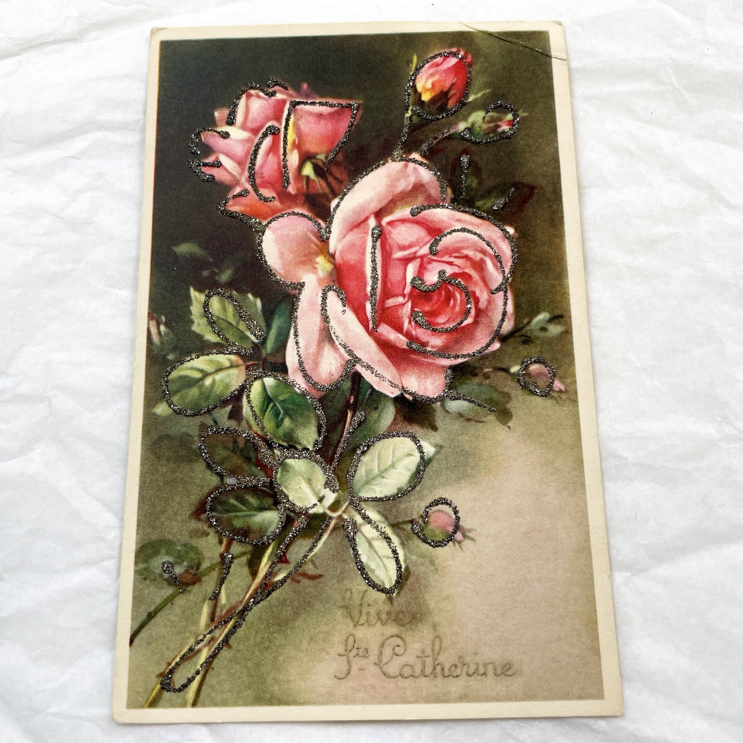 1950s - Vintage French Glitter Rose Postcard - Sainte Catherine Day Greeting Card - Floral Art - Collectible Ephemera - Flower - Pink Roses