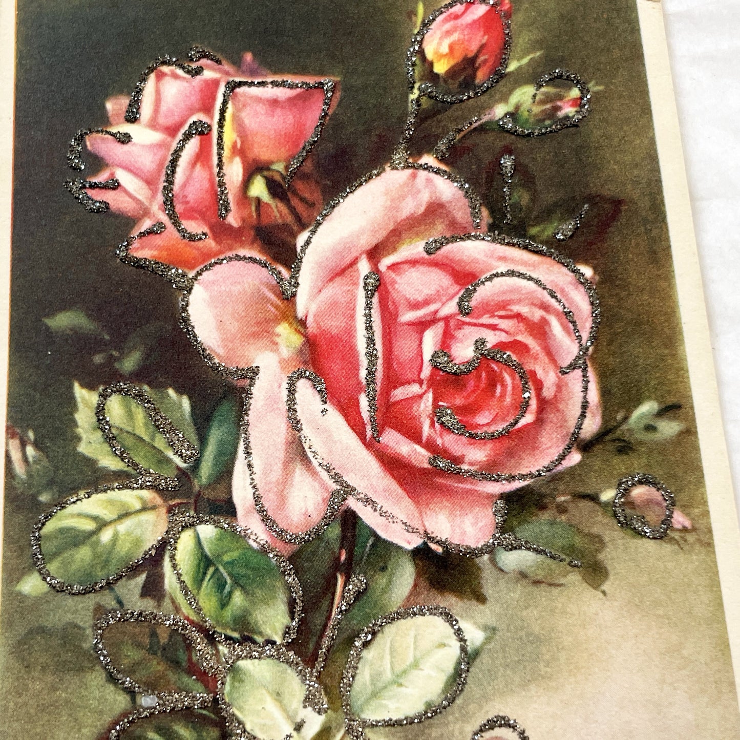 1950s - Vintage French Glitter Rose Postcard - Sainte Catherine Day Greeting Card - Floral Art - Collectible Ephemera - Flower - Pink Roses
