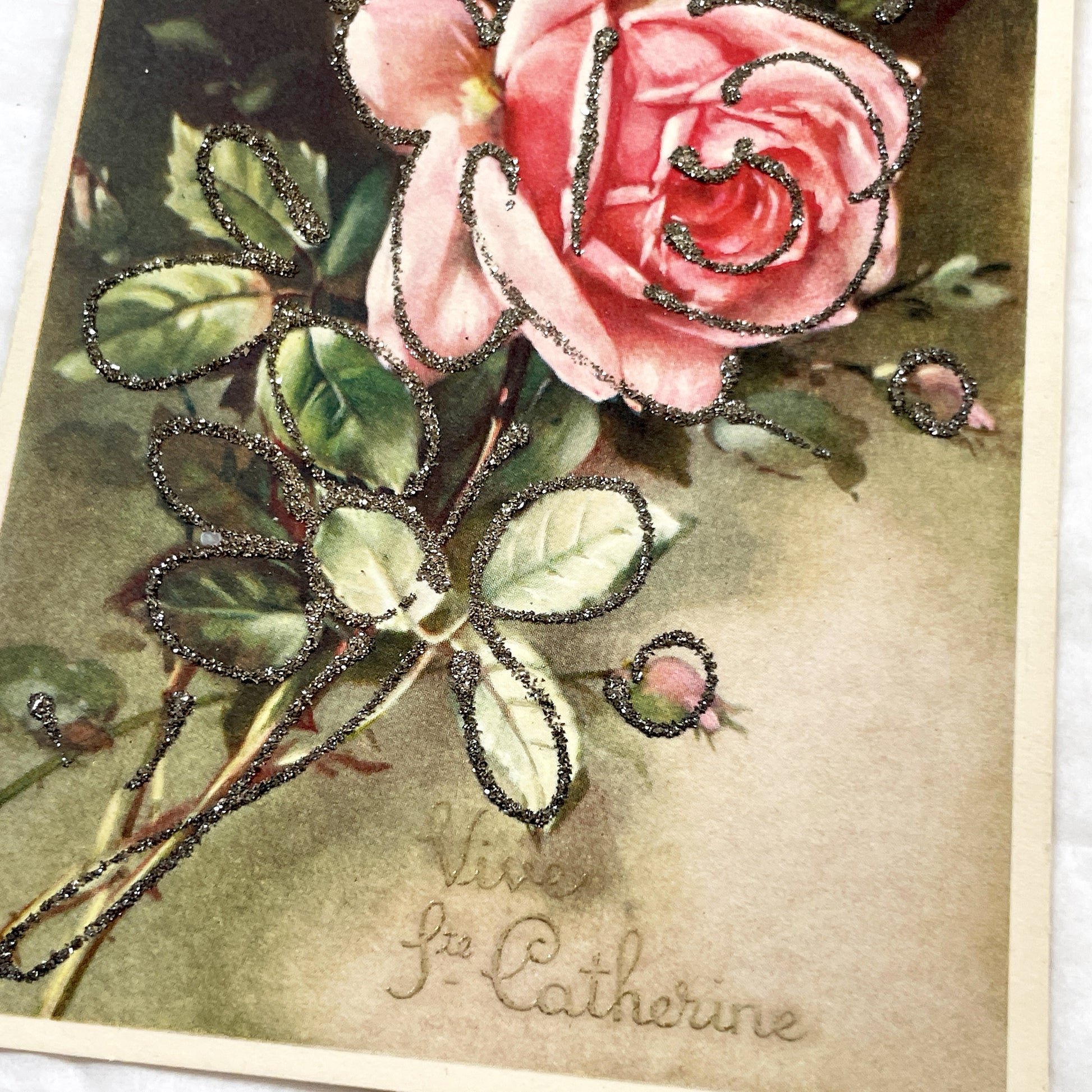 1950s - Vintage French Glitter Rose Postcard - Sainte Catherine Day Greeting Card - Floral Art - Collectible Ephemera - Flower - Pink Roses