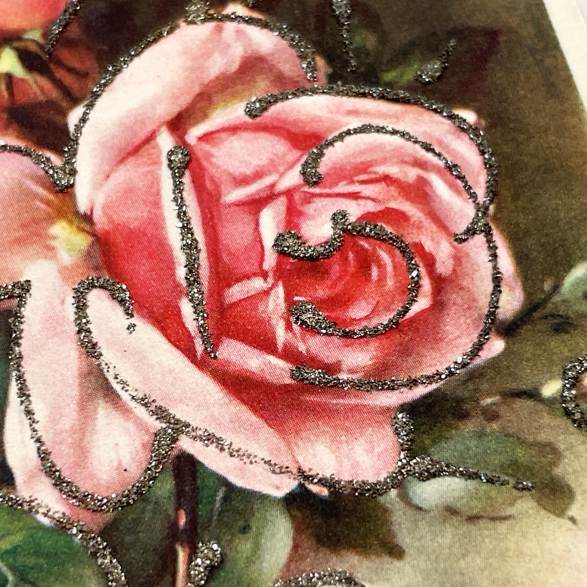 1950s - Vintage French Glitter Rose Postcard - Sainte Catherine Day Greeting Card - Floral Art - Collectible Ephemera - Flower - Pink Roses