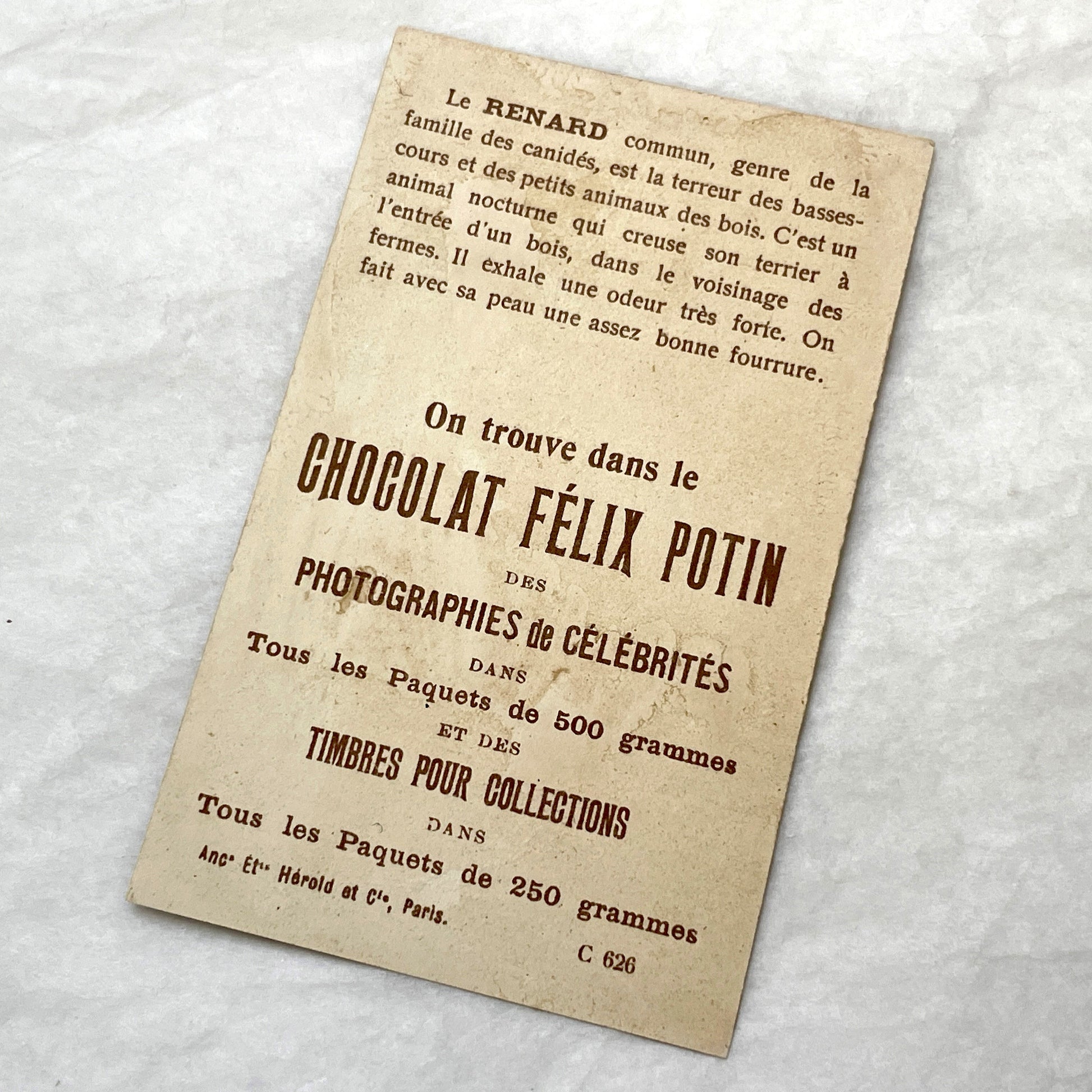 1900s - 2 Vintage Félix Potin Chocolate Advertising Cards - Mammals Series - Fox & Sable Marten Chromos - French Collectibles - Ephemera Art