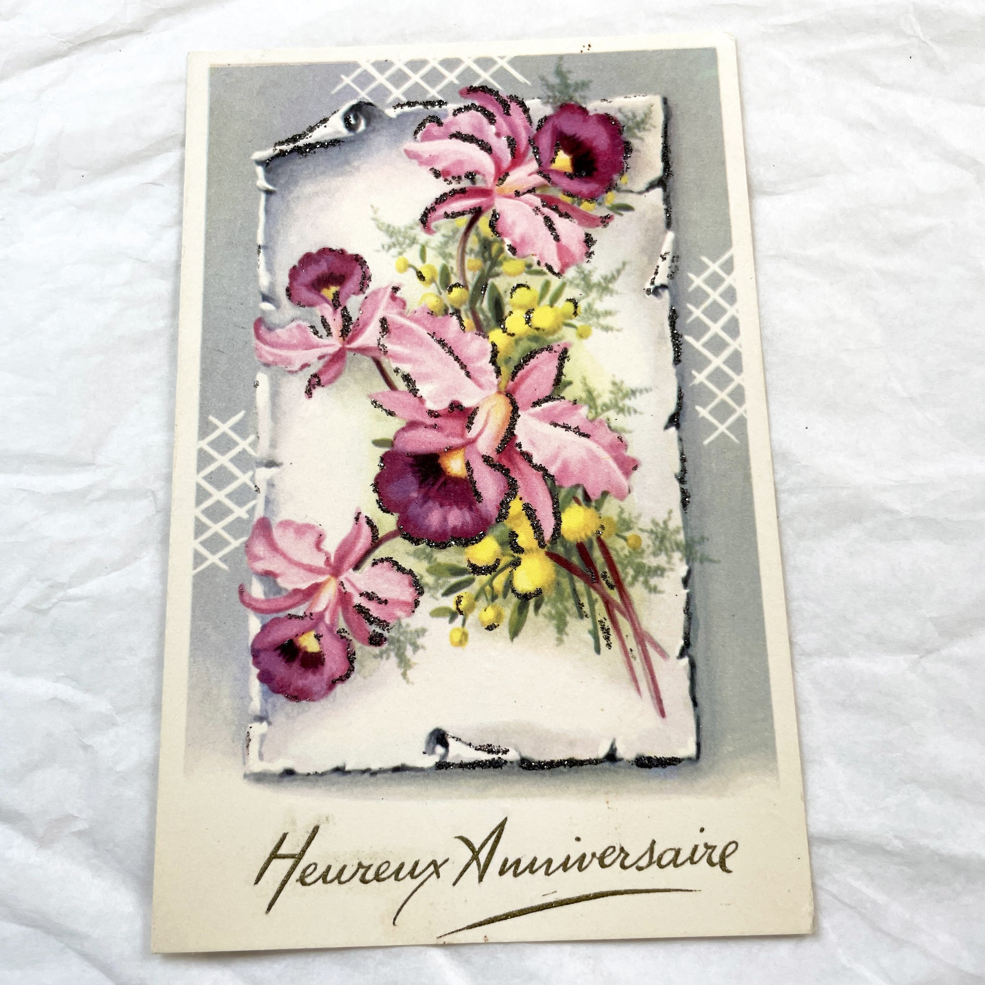 1950s - French Happy Birthday Postcard with Glittery Pink Orchids - Antique Floral Greeting Card - Unique Collectible Ephemera