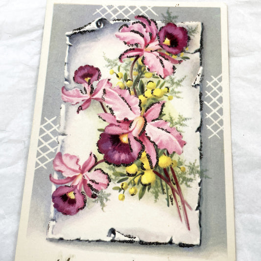 1950s - French Happy Birthday Postcard with Glittery Pink Orchids - Antique Floral Greeting Card - Unique Collectible Ephemera