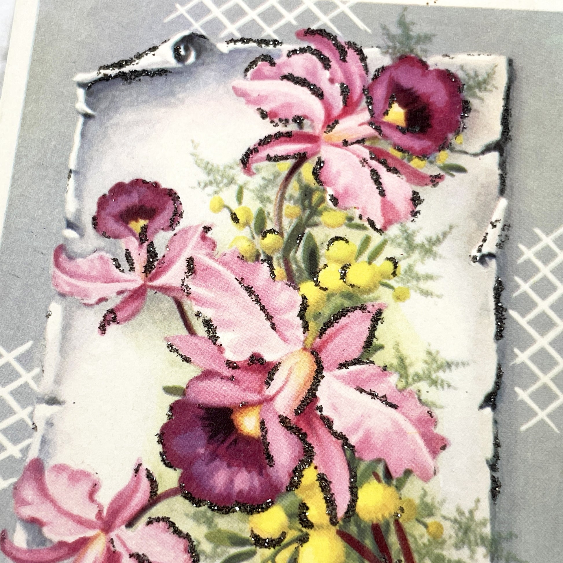 1950s - French Happy Birthday Postcard with Glittery Pink Orchids - Antique Floral Greeting Card - Unique Collectible Ephemera
