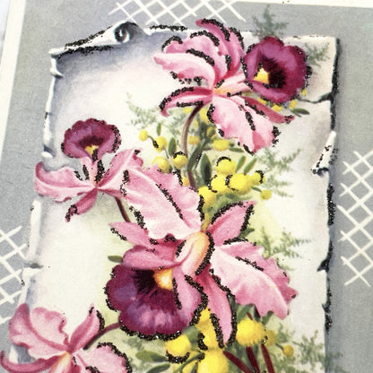 1950s - French Happy Birthday Postcard with Glittery Pink Orchids - Antique Floral Greeting Card - Unique Collectible Ephemera