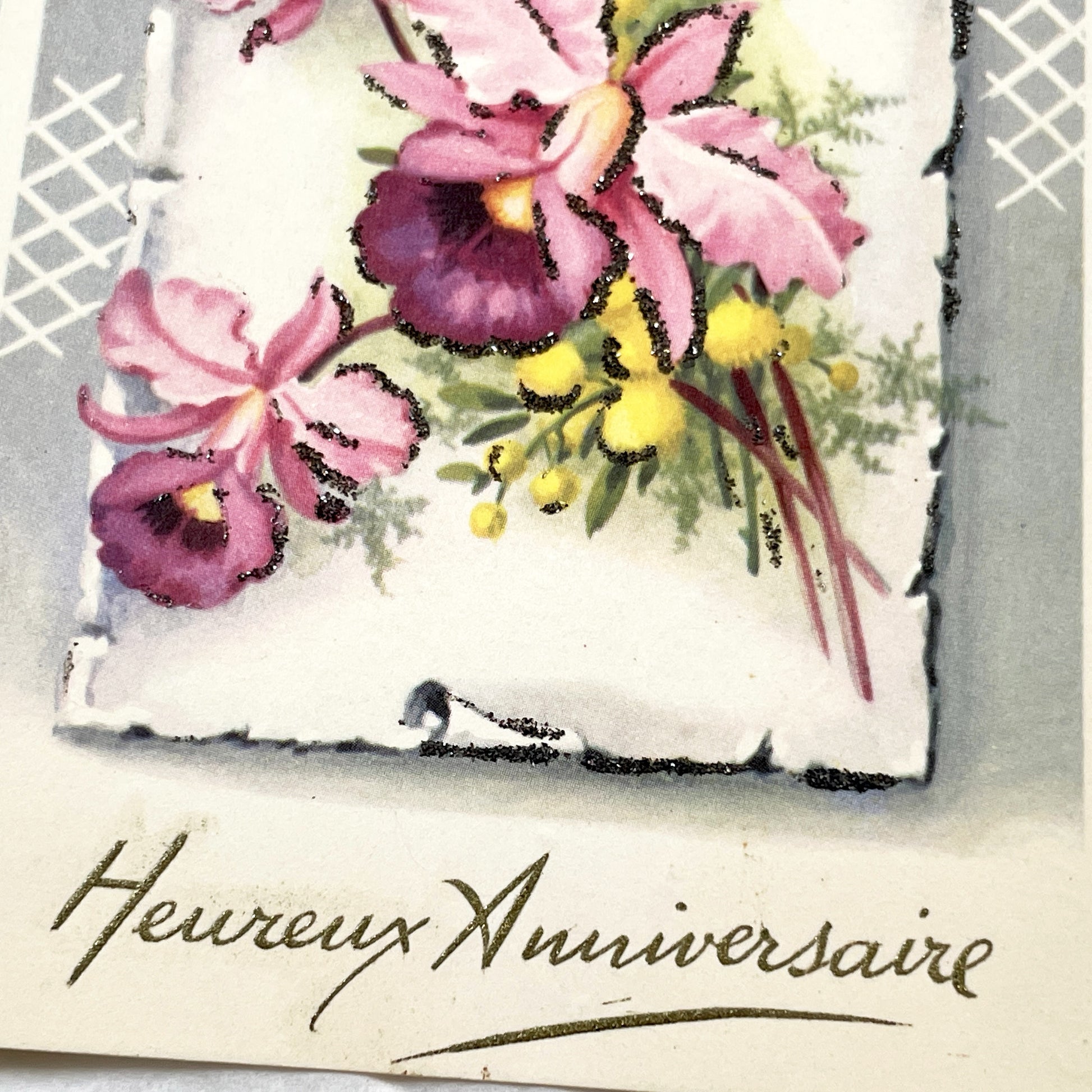 1950s - French Happy Birthday Postcard with Glittery Pink Orchids - Antique Floral Greeting Card - Unique Collectible Ephemera