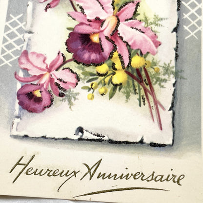 1950s - French Happy Birthday Postcard with Glittery Pink Orchids - Antique Floral Greeting Card - Unique Collectible Ephemera