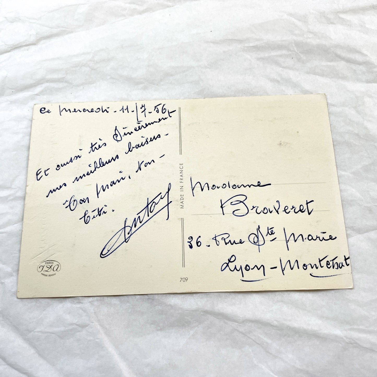 1950s - French Happy Birthday Postcard with Glittery Pink Orchids - Antique Floral Greeting Card - Unique Collectible Ephemera