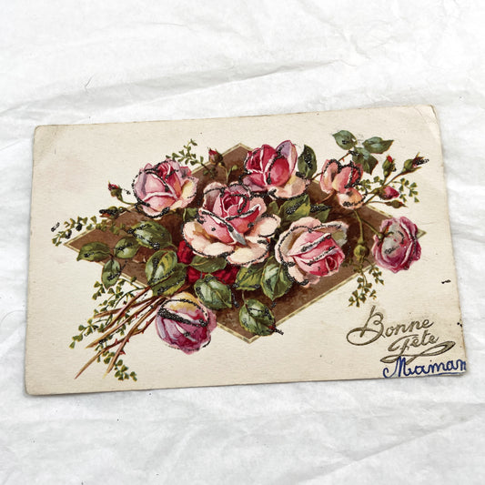 1915s - Antique French Mother's Day Postcard - Glitter Embossed Roses - Vintage Floral Greeting Card for Mom - Sentimental Ephemera