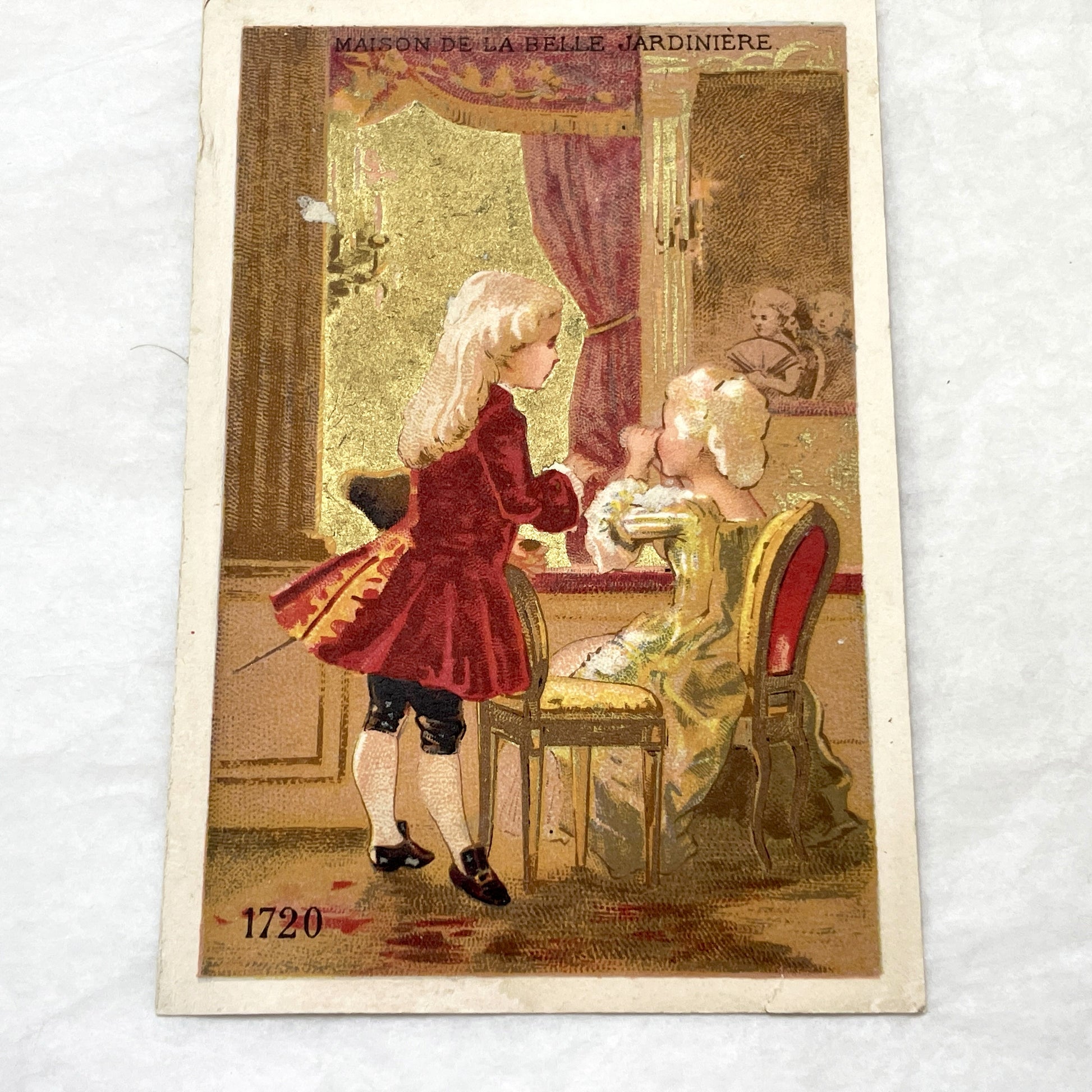 Late 19th - Maison de la Belle Jardinière Trade Card - Gilt Advertising Chromo - 18th Century Fashion Illustration - Department Store