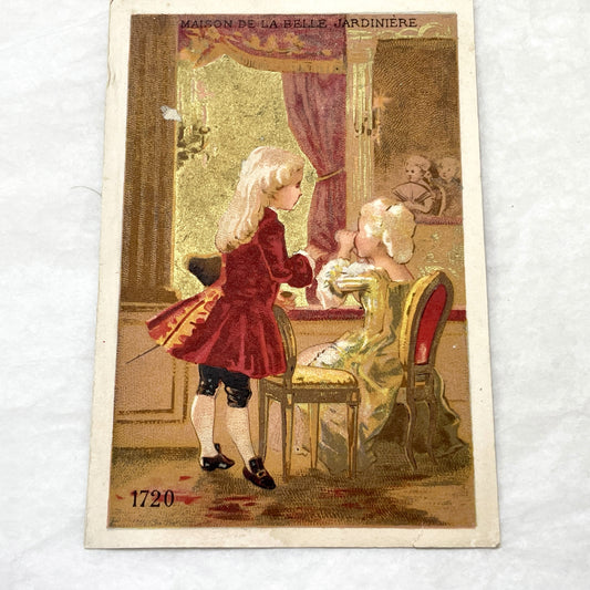 Late 19th - Maison de la Belle Jardinière Trade Card - Gilt Advertising Chromo - 18th Century Fashion Illustration - Department Store
