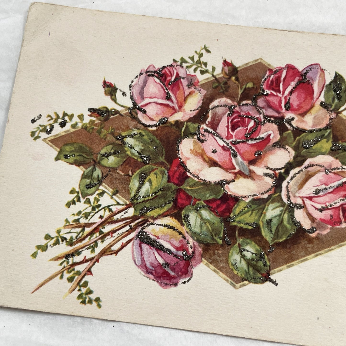 1915s - Antique French Mother's Day Postcard - Glitter Embossed Roses - Vintage Floral Greeting Card for Mom - Sentimental Ephemera