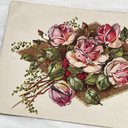 1915s - Antique French Mother's Day Postcard - Glitter Embossed Roses - Vintage Floral Greeting Card for Mom - Sentimental Ephemera