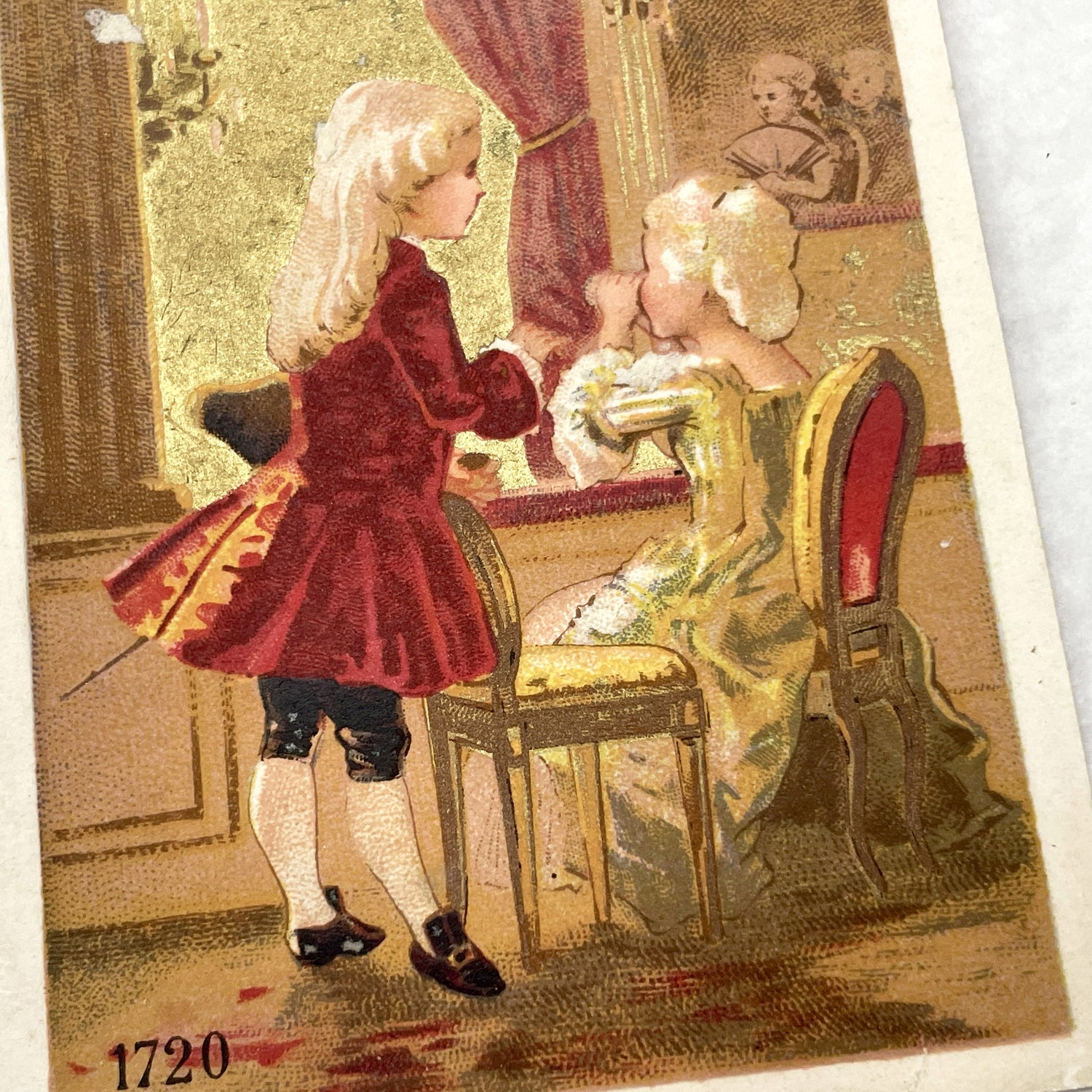 Late 19th - Maison de la Belle Jardinière Trade Card - Gilt Advertising Chromo - 18th Century Fashion Illustration - Department Store